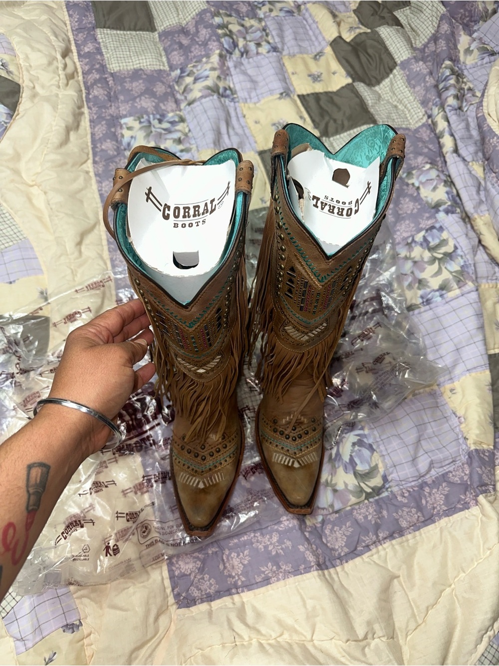 Corral Brown Leather Fringe Cowboy Boots with Turquoise Accents